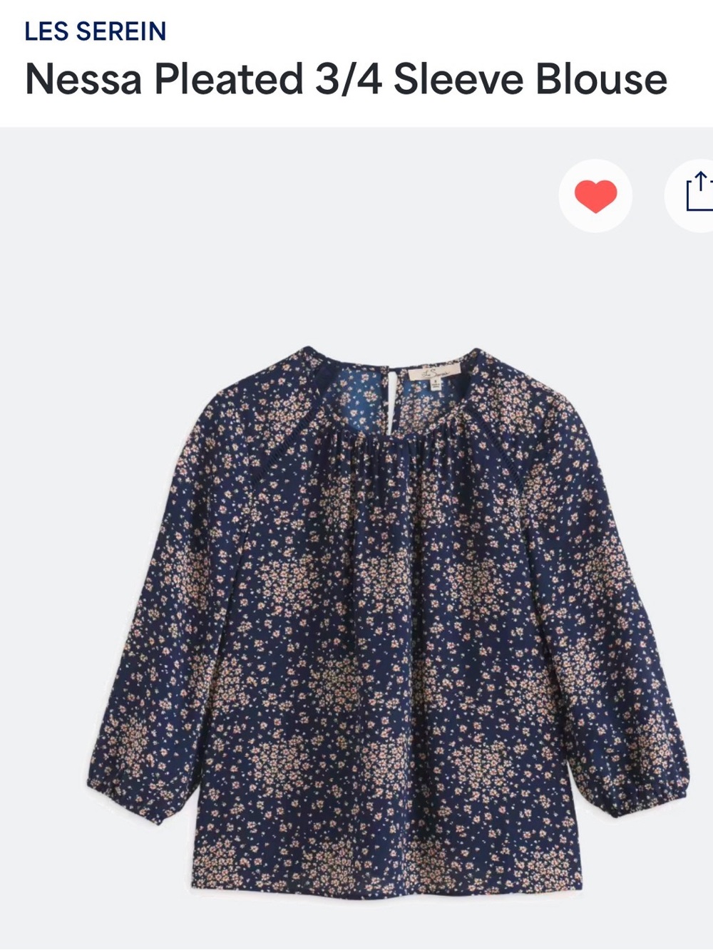Les Serein Navy Floral Pleated 3/4 Sleeve Blouse
